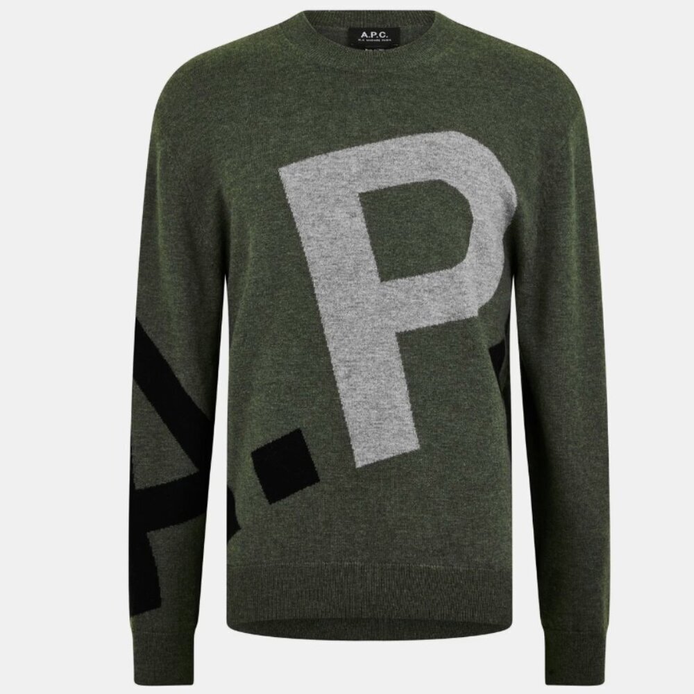 A.P.C. WOOL LOGO SWEATER IN KHAKI SIZE SMALL
